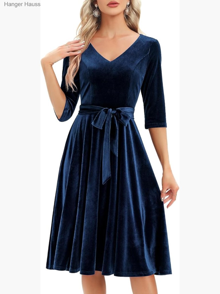 Women Long Sleeve Velvet Vintage Tea Dress Formal Cocktail Midi Prom V-Neck Fit